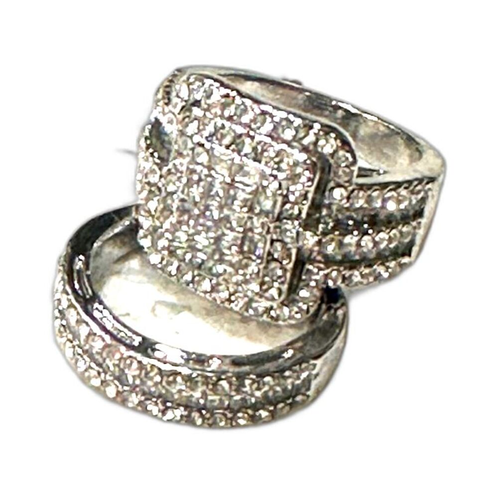 Elegant  Ring Silvery Plated double Ring Zirconia Jewelry size 8